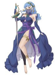 Rule 34 | 1girl, alternate costume, alternate hairstyle, anklet, asymmetrical legwear, azura (fire emblem), azura (fire emblem) (cosplay), bare shoulders, barefoot, black dress, black eyes, black gloves, black legwear, blue hair, blunt bangs, breasts, commentary, commission, cosplay, detached sleeves, dress, ebinku, elbow gloves, english commentary, fingerless gloves, fire emblem, fire emblem: three houses, fire emblem fates, full body, gloves, highres, holding, holding sword, holding weapon, jewelry, looking at viewer, marianne von edmund, medium breasts, mouth veil, nintendo, see-through, side slit, sideboob, simple background, single leg pantyhose, skirt hold, solo, sword, thighs, veil, wavy hair, weapon, white background