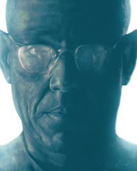 Rule 34 | 1boy, bald, blue theme, breaking bad, calm, casey callender, expressionless, glasses, gustavo fring, looking at viewer, male focus, monochrome, photorealistic, realistic, reflection, signature, simple background, solo, walter white, white background