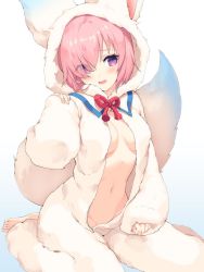 Rule 34 | 1girl, animal costume, blue background, blush, breasts, fate/grand order, fate (series), gomashio ponz, gradient background, groin, hair over one eye, highres, mash kyrielight, medium breasts, navel, no bra, no panties, official alternate costume, pink hair, purple eyes, short hair, sitting, solo, unzipped, wariza, white background