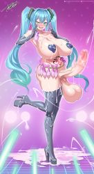 Rule 34 | 1futa, absurdres, aqua eyes, aqua hair, black gloves, blush, boots, breasts, bukkake, censored, condom, condom belt, condom on penis, cum, cum on arms, cum on body, cum on breasts, cum on legs, cum on upper body, develadara, ejaculation, elbow gloves, erection, futanari, gloves, hatsune miku, heart pasties, highres, huge breasts, huge penis, huge testicles, long hair, microphone, mosaic censoring, nipples, open mouth, pasties, penis, smile, solo, tattoo, testicles, thigh boots, thighhighs, tongue, tongue out, twintails, used condom, used condom on penis, veins, veiny penis, vocaloid, voiceroid