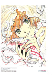 Rule 34 | 00s, 1girl, blonde hair, brown hair, clamp, close-up, feathers, green eyes, grin, highres, marker (medium), non-web source, official art, parted lips, sakura hime, see-through, short hair, smile, solo, teeth, traditional media, tsubasa chronicle, upper body, white feathers