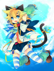 Rule 34 | 1boy, animal ears, bad id, bad pixiv id, bell, blonde hair, blue eyes, cat ears, cat tail, collar, fang, full body, hair ornament, hairclip, highres, kagamine len, leeannpippisum, male focus, neck bell, shorts, smile, striped clothes, striped legwear, striped thighhighs, tail, thighhighs, vocaloid