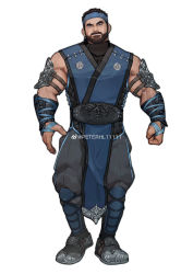 Rule 34 | 1boy, absurdres, bara, beard, belt, blue eyes, brown hair, clenched hand, closed mouth, facial hair, gauntlets, highres, looking at viewer, male focus, mature male, mortal kombat (series), muscular, muscular male, peterhl, scar, scar across eye, scar on face, short hair, solo, sub-zero
