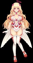 Rule 34 | 1girl, blonde hair, braid, breasts, cleavage, closed mouth, collarbone, earrings, florence (master of eternity), full body, gloves, hair ornament, halo, heart, heart earrings, highres, jewelry, large breasts, leotard, long hair, looking at viewer, master of eternity, official art, pink eyes, plunging neckline, puffy short sleeves, puffy sleeves, red footwear, shoes, short sleeves, smile, solo, standing, standing on one leg, straight-on, tachi-e, thighhighs, third-party source, transparent background, twin braids, white gloves, white leotard, white thighhighs