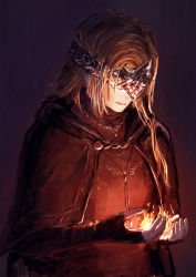 Rule 34 | 1girl, black gloves, blonde hair, brown cloak, brown gloves, cloak, closed mouth, commentary request, covered eyes, dark souls (series), dark souls iii, expressionless, face down, fingerless gloves, fire, fire keeper, gloves, highres, long hair, mask, menka, sketch, solo, upper body