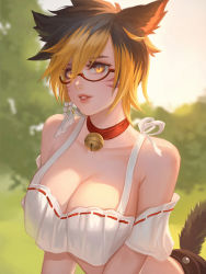 Rule 34 | 1girl, animal ears, arched back, warrior of light (ff14), bell, bikini, bikini top only, blurry, blurry background, breasts, brown eyes, brown hair, cat ears, cat tail, chaosringen, choker, cleavage, commission, day, facial mark, final fantasy, final fantasy xiv, hair between eyes, hair over one eye, highres, large breasts, lips, looking at viewer, messy hair, miqo&#039;te, multicolored hair, neck bell, outdoors, parted lips, semi-rimless eyewear, short hair, shorts, solo, swimsuit, tail, two-tone hair, whisker markings
