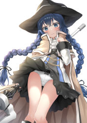 Rule 34 | 1girl, absurdres, black hat, black skirt, black socks, blue eyes, blue hair, blush, bow, bow panties, braid, brown cape, brown capelet, cape, capelet, closed mouth, clothes lift, collared shirt, commentary request, feet out of frame, from below, gluteal fold, hair between eyes, hat, head tilt, highres, holding, holding staff, kneehighs, long hair, mushoku tensei, nedia (nedia region), panties, roxy migurdia, shirt, simple background, skirt, skirt lift, socks, solo, staff, thigh gap, twin braids, underwear, very long hair, white background, white panties, white shirt, witch hat