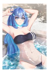 Rule 34 | 1girl, absurdres, ahoge, bare shoulders, blue eyes, blue fire, blue hair, breasts, disembodied head, drill hair, drill sidelocks, dullahan, fiery hair, fire, gris swimsuit, highres, horns, large breasts, meme attire, navel, one-piece swimsuit, pool, prism project, rikudou yura, see-through swimsuit, sidelocks, solo, strapless, strapless one-piece swimsuit, swimsuit, symbol-shaped pupils, turboflower, virtual youtuber, x-shaped pupils