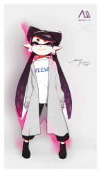 Rule 34 | + +, 1girl, black footwear, black hair, black pants, callie (splatoon), casual, closed mouth, coat, cursive, earrings, full body, highres, inkling, inkling (language), jewelry, light smile, long hair, looking at viewer, mask, mole, mole under eye, nintendo, pants, pointy ears, purple eyes, seto (asils), shirt, shoes, signature, solo, standing, tentacle hair, trench coat, white shirt