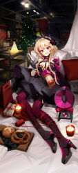 Rule 34 | 1girl, absurdres, banana (girls&#039; frontline), black dress, blonde hair, blush, bottle, box, candle, champagne flute, christmas tree, collar, cup, dress, drinking glass, food, gift, gift box, girls&#039; frontline, gloves, high heels, highres, holding, holding bottle, hukurou96, long hair, looking at viewer, m4 sopmod ii (devourer of the feast) (girls&#039; frontline), m4 sopmod ii (girls&#039; frontline), mechanical arms, multicolored hair, official alternate costume, pantyhose, pink pantyhose, pretzel, red eyes, red hair, single glove, single mechanical arm, streaked hair