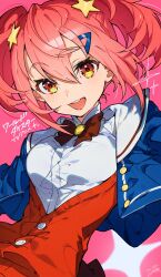 Rule 34 | 1girl, blue jacket, bow, bowtie, closed mouth, collared shirt, hair ornament, highres, jacket, looking at viewer, mika pikazo, ootori kokona, open mouth, pink hair, red bow, red bowtie, shirt, short hair, smile, solo, star (symbol), star hair ornament, twintails, white shirt, world dai star, yellow eyes