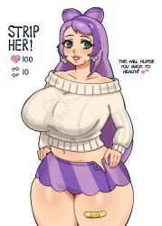 Rule 34 | 1girl, absurdres, alternate breast size, bandaid, blush, breasts, cable knit, creatures (company), earrings, english text, eyelashes, game freak, green eyes, highres, jewelry, large breasts, like and retweet, long hair, long sleeves, looking at viewer, meme, miriam (pokemon), multicolored hair, nintendo, plump, pokemon, pokemon sv, purple hair, school nurse, smile, solo, strip game, sweater, thick thighs, thighs, thirstformilk, twitter strip game (meme), two-tone hair, undressing