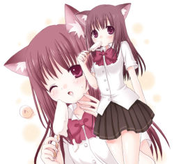 Rule 34 | 1girl, animal ears, blouse, blush, cat ears, cat girl, food, food in mouth, legs, long hair, looking at viewer, melting, multiple views, one eye closed, original, pink eyes, pleated skirt, popsicle, popsicle in mouth, red hair, ribbon, school uniform, serafuku, sexually suggestive, shirt, skirt, very long hair, white shirt, yui (spica)