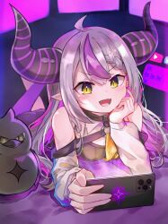 Rule 34 | ahoge, ascot, black horns, braid, braided bangs, cellphone, crow (la+ darknesss), fangs, hand on own face, highres, hololive, horns, la+ darknesss, la+ darknesss (1st costume), lying, multicolored hair, on stomach, phone, pink neko-chan, pointy ears, purple hair, slit pupils, smartphone, streaked hair, striped horns, virtual youtuber, yellow ascot, yellow eyes