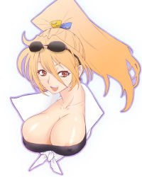 Rule 34 | 1girl, :d, areola slip, blonde hair, blush, breasts, cleavage, collar, covered erect nipples, eyewear on head, high ponytail, huge breasts, large breasts, michael f91, open mouth, ponytail, red eyes, smile, solo, sunglasses
