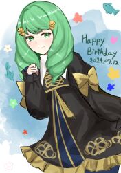 1girl black_dress commentary_request dated dress drill_hair fire_emblem fire_emblem:_three_houses flayn_(fire_emblem) garreg_mach_monastery_uniform gold_trim green_eyes green_hair hair_ornament hairclip happy_birthday highres long_hair looking_at_viewer nintendo otokajife solo twin_drills