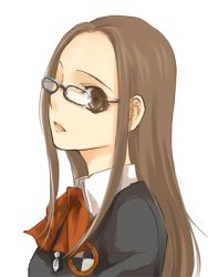 Rule 34 | atlus, bow, bowtie, brown eyes, brown hair, fushimi chihiro, glasses, long hair, lowres, persona, persona 3, portrait, red bow, red bowtie, ribbon, school uniform, simple background, solo, tsuji yuzu, white background
