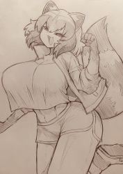 Rule 34 | 1girl, alternate breast size, animal ears, body fur, brand new animal, breasts, furry, furry female, highres, huge breasts, kagemori michiru, mitsuba-sama (milkba-ng), monochrome, open mouth, raccoon ears, raccoon girl, raccoon tail, shirt, short shorts, shorts, sketch, solo, standing, standing on one leg, tail, thighs