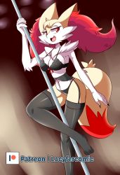 Rule 34 | 1girl, absurdres, animal print, artist name, black panties, bra, braixen, braxy (lucyfer), breasts, cleavage, creatures (company), curvy, elbow gloves, fang, fox girl, furry, furry female, game freak, garter straps, gen 6 pokemon, gloves, highres, large breasts, lingerie, long hair, lucyfer, matching hair/eyes, naughty face, nintendo, open mouth, panties, pokemon, pole, pole dancing, red eyes, red hair, seductive smile, smile, solo, standing, tail, thong, underwear, wide hips, wrist cuffs