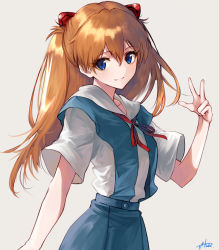 Rule 34 | 1girl, blouse, blue eyes, blue skirt, blue vest, brown hair, closed mouth, commentary request, cowboy shot, grey background, hair ornament, hand up, highres, jazztaki, long hair, looking at viewer, neck ribbon, neon genesis evangelion, red ribbon, ribbon, school uniform, shirt, short sleeves, signature, simple background, skirt, smile, solo, souryuu asuka langley, tokyo-3 middle school uniform, two side up, v, vest, white shirt