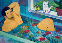 Rule 34 | 1boy, acrylic paint (medium), arm behind head, armpits, bara, bathing, bathtub, bird, cat, completely nude, feet out of frame, fish, fish tank, from above, goldfish, grass, green bird, highres, knee up, light smile, looking ahead, male focus, mature male, moss, muscular, muscular male, nipples, nude, original, painting (medium), pectorals, photo (medium), plant, potted plant, short hair, sideburns, solo, thick eyebrows, thighs, torajiro art, traditional media, white cat, window