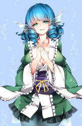 Rule 34 | 1girl, absurdres, aqua eyes, blue hair, breasts, cleavage, collarbone, cowboy shot, drill hair, drill sidelocks, eyelashes, fins, frilled kimono, frills, green kimono, hands on own chest, head fins, highres, japanese clothes, kimono, large breasts, looking at viewer, medium hair, mermaid, monster girl, obi, raptor7, sash, sidelocks, smile, solo, tearing up, touhou, underwater, wakasagihime, wavy hair, wide sleeves
