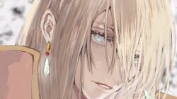 Rule 34 | 1boy, bishounen, black background, blonde hair, blue eyes, cape, colored eyelashes, earrings, grey background, haru (yckd5728), howl (howl no ugoku shiro), howl no ugoku shiro, jewelry, looking at viewer, male focus, medium hair, multicolored background, parted lips, red cape, solo, teeth