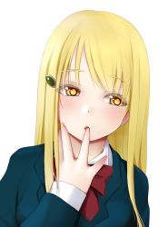 Rule 34 | 1girl, :o, absurdres, blonde hair, blue jacket, blush, bow, bowtie, finger to mouth, hair ornament, hairclip, head tilt, hidaka koharu, high score girl, highres, jacket, kozue akari, long hair, long sleeves, looking to the side, parted lips, red bow, red bowtie, school uniform, simple background, solo, transparent background, upper body, yellow eyes