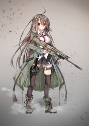 Rule 34 | 1girl, ahoge, assault rifle, belt, belt pouch, black skirt, black thighhighs, boots, breasts, camouflage, closed mouth, coat, collared shirt, commentary, cross-laced footwear, dress shirt, english commentary, expressionless, fn scar, full body, fur-trimmed coat, fur trim, green coat, green footwear, grey background, grey hair, gun, hair between eyes, hair ornament, hairclip, heterochromia, highres, hinamushi (shokuyou), holding, holding gun, holding weapon, large breasts, leg belt, legs apart, long hair, long sleeves, looking at viewer, miniskirt, necktie, open clothes, open coat, original, pleated skirt, pouch, purple eyes, red eyes, red necktie, rifle, scar, scar across eye, scar on face, shirt, sidelocks, simple background, skirt, sleeves past wrists, smoke, solo, standing, thighhighs, very long hair, weapon, white shirt, zettai ryouiki