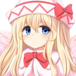 Rule 34 | 1girl, bad id, bad twitter id, blonde hair, blue eyes, blush, bow, bowtie, capelet, closed mouth, dress, hair between eyes, hat, lily white, long hair, looking at viewer, pink dress, red bow, red bowtie, shiro oolong-cha, solo, touhou, upper body