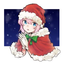 Rule 34 | 1girl, alternate costume, blue eyes, capelet, commentary request, cropped torso, fur-trimmed capelet, fur-trimmed headwear, fur trim, hair ornament, hat, kantai collection, looking at viewer, pink hair, ponytail, red capelet, red hat, santa hat, shiranui (kancolle), short hair, solo, u yuz xx, upper body, white background