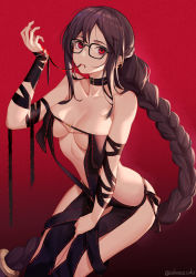 Rule 34 | 1girl, bare shoulders, black-framed eyewear, black dress, black ribbon, blood, braid, braided ponytail, breasts, brown hair, center opening, choker, collarbone, dress, earrings, fate/grand order, fate (series), glasses, gradient background, hand up, jewelry, large breasts, long hair, looking at viewer, low-tied long hair, mouth hold, multiple earrings, red background, red eyes, revealing clothes, ribbon, ribbon-trimmed dress, sakanasoko, sidelocks, single braid, solo, strapless, strapless dress, thighs, very long hair, yu mei-ren (fate)