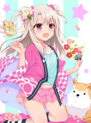 Rule 34 | 1girl, :d, animal, blue camisole, blush, bow, camisole, collarbone, commentary request, dated, dog, fang, fate/kaleid liner prisma illya, fate (series), flower, folding fan, hair between eyes, hair bow, hair flower, hair ornament, hand fan, happi, highres, holding, holding fan, illyasviel von einzbern, japanese clothes, kneehighs, kneeling, layered skirt, light brown hair, long hair, long sleeves, looking at viewer, midriff peek, miniskirt, nekomicha, open mouth, pink bow, pink flower, pink skirt, pleated skirt, purple eyes, sidelocks, signature, skirt, smile, socks, solo, striped clothes, striped socks, white flower, wide sleeves