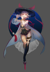 Rule 34 | 1girl, bare shoulders, black dress, cape, chin strap, contrapposto, dress, facial mark, fingernails, flute, forehead mark, full body, geta, grey background, guan tang baozi, hat, highres, hip vent, instrument, looking at viewer, makeup, microdress, nail polish, original, pinky out, pointy ears, red eyes, red nails, rope, short hair, simple background, sleeveless, sleeveless dress, solo, standing, standing on one leg, tassel, tengu-geta, thigh gap, thigh strap, thighhighs, toenail polish, toenails, white hair