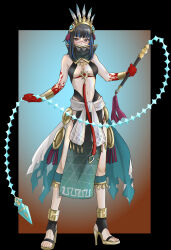 Rule 34 | 1girl, absurdres, bare shoulders, black hair, blood, blood on hands, blue hair, breasts, cleavage, colored inner hair, cosmology (mgncosmo), facepaint, fate/grand order, fate (series), grey eyes, halterneck, headdress, highres, holding, holding whip, jewelry, looking at viewer, multicolored hair, short hair, sidelocks, skirt, solo, tenochtitlan (fate), tenochtitlan (first ascension) (fate)