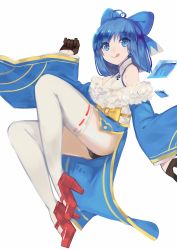 Rule 34 | 1girl, :q, alternate costume, ass, bare shoulders, black gloves, black panties, blue eyes, blue hair, cirno, dress, full body, fur trim, gloves, hair ribbon, high heels, highres, ice, ice wings, japanese clothes, long sleeves, looking at viewer, matching hair/eyes, obi, off shoulder, panties, pantyshot, ribbon, ryuuno6, sash, short hair, simple background, smile, solo, thighhighs, tongue, tongue out, touhou, turtleneck, underwear, white background, white thighhighs, wide sleeves, wings