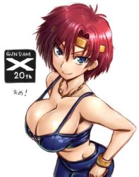 Rule 34 | 1girl, after war gundam x, amania orz, blue eyes, bracelet, breasts, cleavage, ennil el, gundam, headband, jewelry, large breasts, looking at viewer, necklace, red hair, shiny skin, short hair, smile, solo, strap gap, tank top, white background