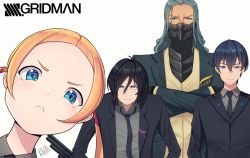 Rule 34 | 10s, 4boys, band-width, black hair, black jacket, blonde hair, blue eyes, borr, copyright name, crossed arms, formal, frown, gridman universe, hair between eyes, highres, jacket, looking at viewer, male focus, max (ssss.gridman), multiple boys, necktie, samurai calibur, sheath, sheathed, simple background, ssss.gridman, suit, twintails, v-shaped eyebrows, vit, white background