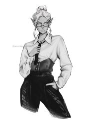 Rule 34 | 1girl, alternate costume, artist name, baldur&#039;s gate, baldur&#039;s gate 3, bespectacled, collared shirt, commentary, contemporary, corset, cowboy shot, cropped legs, dungeons &amp; dragons, elf, english commentary, glasses, greyscale, hair bun, hand in pocket, hand on own chest, holding necktie, looking to the side, minthara, monochrome, neck tattoo, necktie, pants, paulina klime, pointy ears, semi-rimless eyewear, shirt, short hair, sideways glance, simple background, single hair bun, solo, standing, tattoo, under-rim eyewear, white background