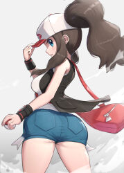 1girl absurdres ass bag baseball_cap black_vest blue_eyes breasts brown_hair cowboy_shot creatures_(company) denim denim_shorts from_behind game_freak gonzarez hair_through_headwear hand_on_headwear handbag hat highres hilda_(pokemon) holding holding_bag holding_poke_ball long_hair looking_at_viewer looking_back medium_breasts nintendo parted_lips poke_ball poke_ball_(basic) pokemon pokemon_bw ponytail profile short_shorts shorts sidelocks sleeveless solo tank_top v-shaped_eyebrows vest white_tank_top wristband