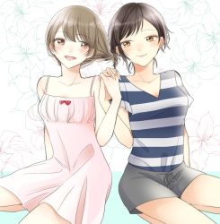 Rule 34 | 2girls, blush, breasts, brown hair, cak ntama, ear piercing, flower, holding hands, lily (flower), looking at another, medium breasts, multiple girls, open mouth, orange eyes, original, piercing, red eyes, shirt, short hair, small breasts, smile, striped clothes, striped shirt, yuri