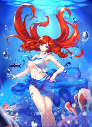 Rule 34 | 1girl, air bubble, artist request, bare shoulders, bikini, bikini bottom only, blazblue, blue eyes, breasts, breath, coral, freediving, highres, holding breath, long hair, looking at viewer, medium breasts, navel, nokmal, ocean, open clothes, open shirt, red hair, sarong, shirt, smile, solo, swimming, swimsuit, tsubaki yayoi, underboob, underwater