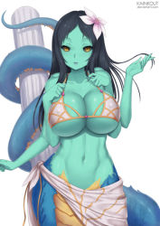Rule 34 | 1girl, bikini, black hair, black sclera, breasts, colored sclera, colored skin, covered erect nipples, extra arms, female focus, flower, flower on head, green skin, kainkout, lamia, large breasts, mistral (yoru no nai kuni), monster girl, navel, open mouth, swimsuit, tail, yellow eyes