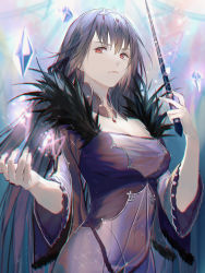 Rule 34 | 1girl, aurora, breasts, caster (lostbelt), cleavage, covered navel, crystal, dress, fate/grand order, fate (series), fur trim, hair between eyes, headpiece, highres, jewelry, large breasts, long hair, looking at viewer, looking away, purple dress, purple hair, qingshui ai, red eyes, rune, scathach (fate), scathach skadi (fate), solo, sparkle, standing, tiara, wand, wide sleeves