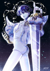 Rule 34 | 1other, androgynous, blue eyes, blue hair, blunt bangs, colored eyelashes, commentary request, crystal hair, from side, golden arms, greatsword, heterochromia, highres, holding, holding sword, holding weapon, houseki no kuni, light particles, looking at viewer, morino bambi, necktie, open mouth, phosphophyllite (ll), planted, planted sword, planted weapon, see-through, short hair, shorts, solo, sparkle, spoilers, sword, weapon, white eyes