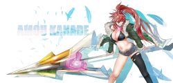 Rule 34 | 1girl, absurdres, amou kanade, bikini, bikini top only, black bikini, black thighhighs, breasts, character name, choker, cleavage, denim, denim shorts, feathers, female focus, fur-trimmed jacket, fur trim, glowing, green jacket, grin, highres, holding, holding weapon, jacket, large breasts, long hair, long sleeves, midriff, navel, open clothes, open jacket, ponytail, red eyes, red hair, rx hts, senki zesshou symphogear, short shorts, shorts, single thighhigh, smile, solo, swimsuit, thighhighs, torn clothes, torn thighhighs, weapon