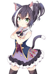 Rule 34 | 1girl, animal ear fluff, animal ears, annoyed, black hair, black thighhighs, brooch, cat ears, cat girl, cat tail, commentary request, crossed arms, dress, frilled skirt, frills, green eyes, jewelry, karyl (princess connect!), legs apart, looking at viewer, massala, multicolored hair, princess connect!, simple background, skirt, sleeveless, sleeveless dress, solo, streaked hair, tail, thighhighs, two-tone hair, updo, white background