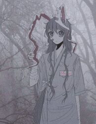 Rule 34 | 1girl, alternate costume, animal ears, bandaged arm, bandages, bandaid, bandaid on ear, bandaid on face, bare tree, blue coat, bow, branch, coat, crescent, crescent moon, crescent pin, dress, english text, fog, forest, gown, grey eyes, hair between eyes, hand on own ear, hospital gown, injury, long hair, looking to the side, messy hair, moon, n0een, nature, notched ear, pale skin, pin, pocket, pulling own ear, purple hair, rabbit ears, rabbit girl, reisen udongein inaba, third-party source, torn, touhou, tree, very long hair, white bow, white fur