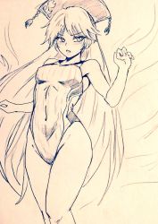 Rule 34 | 1girl, alternate costume, aura, bare legs, breasts, commentary request, competition swimsuit, covered navel, crescent, d-m (dii emu), eyelashes, greyscale, junko (touhou), long hair, looking at viewer, monochrome, one-piece swimsuit, open mouth, phoenix crown, sketch, small breasts, standing, swimsuit, touhou, traditional media