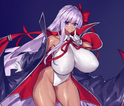 Rule 34 | 1girl, alternate breast size, bb (fate), bb (fate) (all), bb (swimsuit mooncancer) (fate), bb (swimsuit mooncancer) (third ascension) (fate), blue background, bow, breasts, coat, cowboy shot, dark-skinned female, dark skin, duplicate, fate/grand order, fate (series), gloves, grin, hair bow, huge breasts, leotard, long hair, long sleeves, looking at viewer, melon22, pixel-perfect duplicate, purple eyes, purple hair, smile, solo, thick thighs, thighs, white gloves, white leotard
